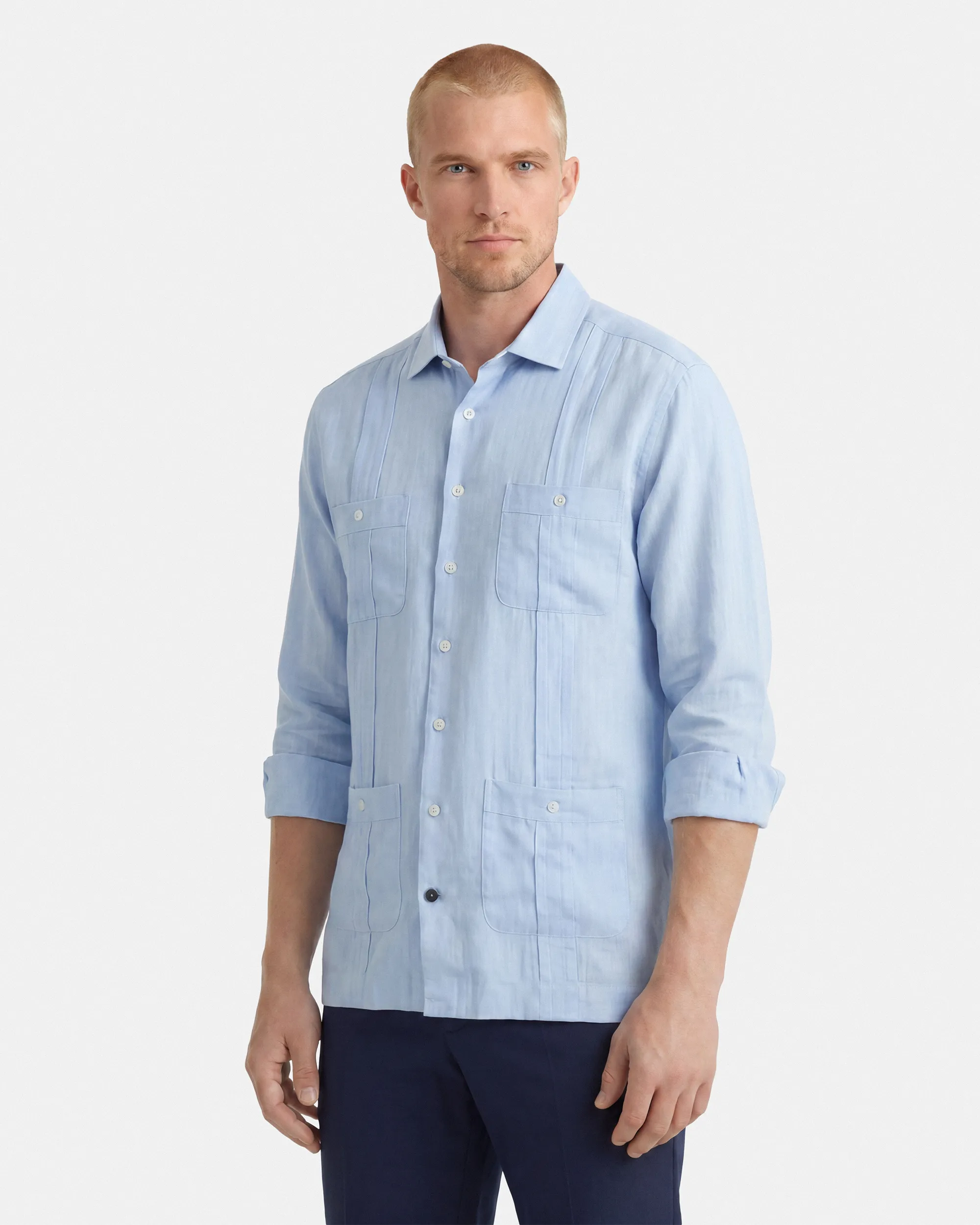 CAMISA CUBANA LINO HOMBRE CELESTE