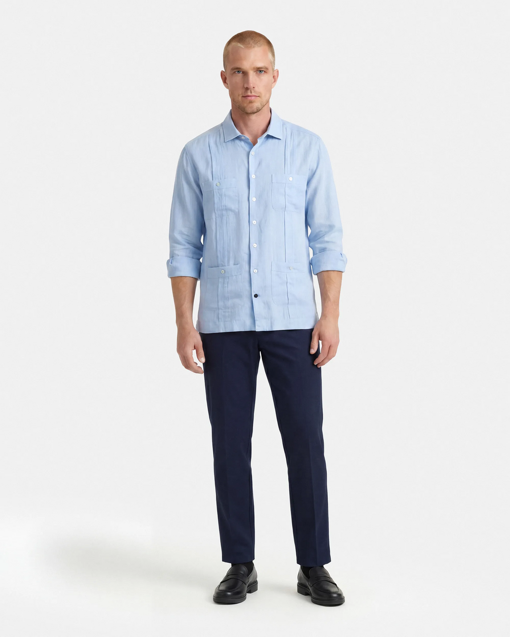 CAMISA CUBANA LINO HOMBRE CELESTE