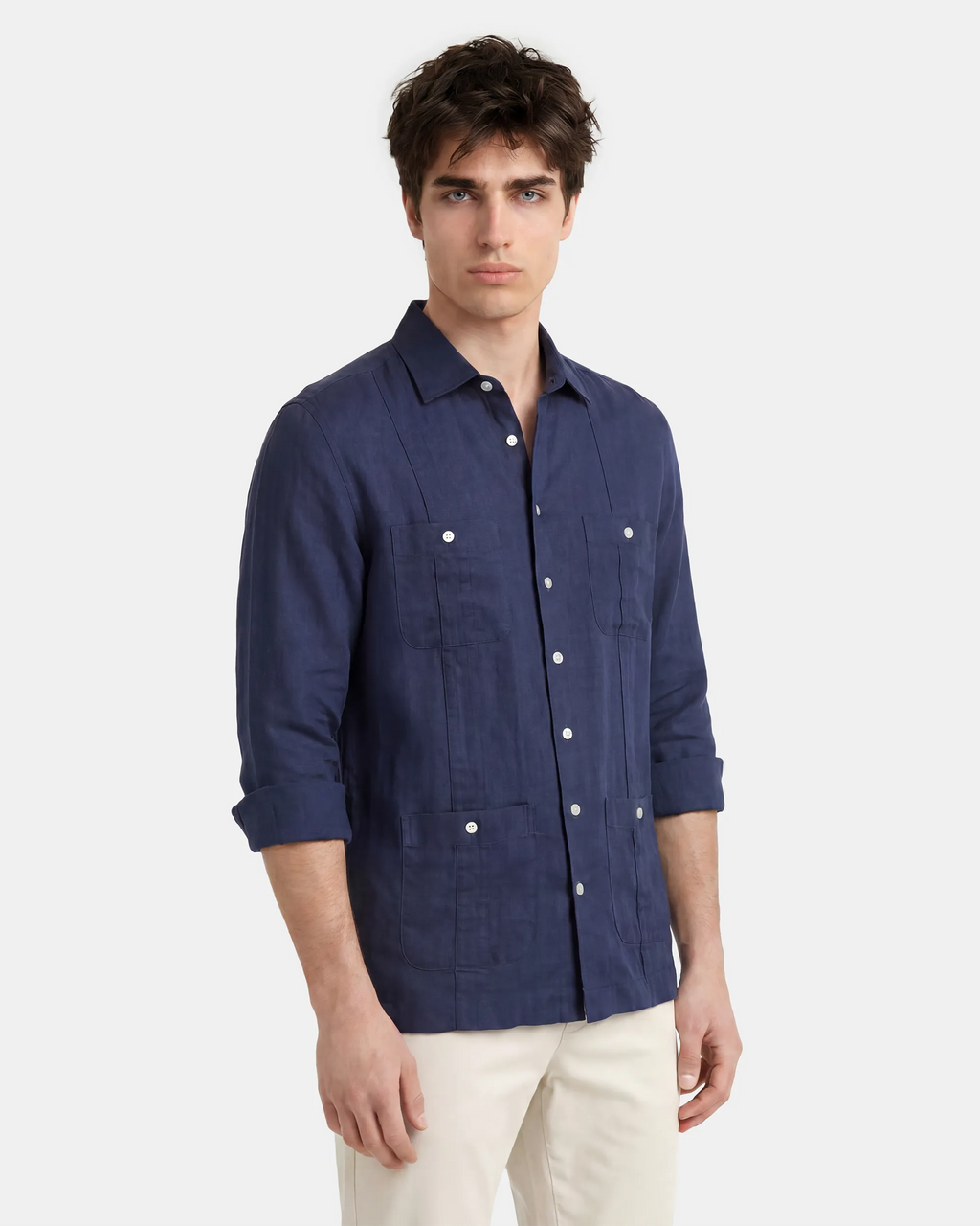 CAMISA CUBANA LINO HOMBRE AZUL MARINO