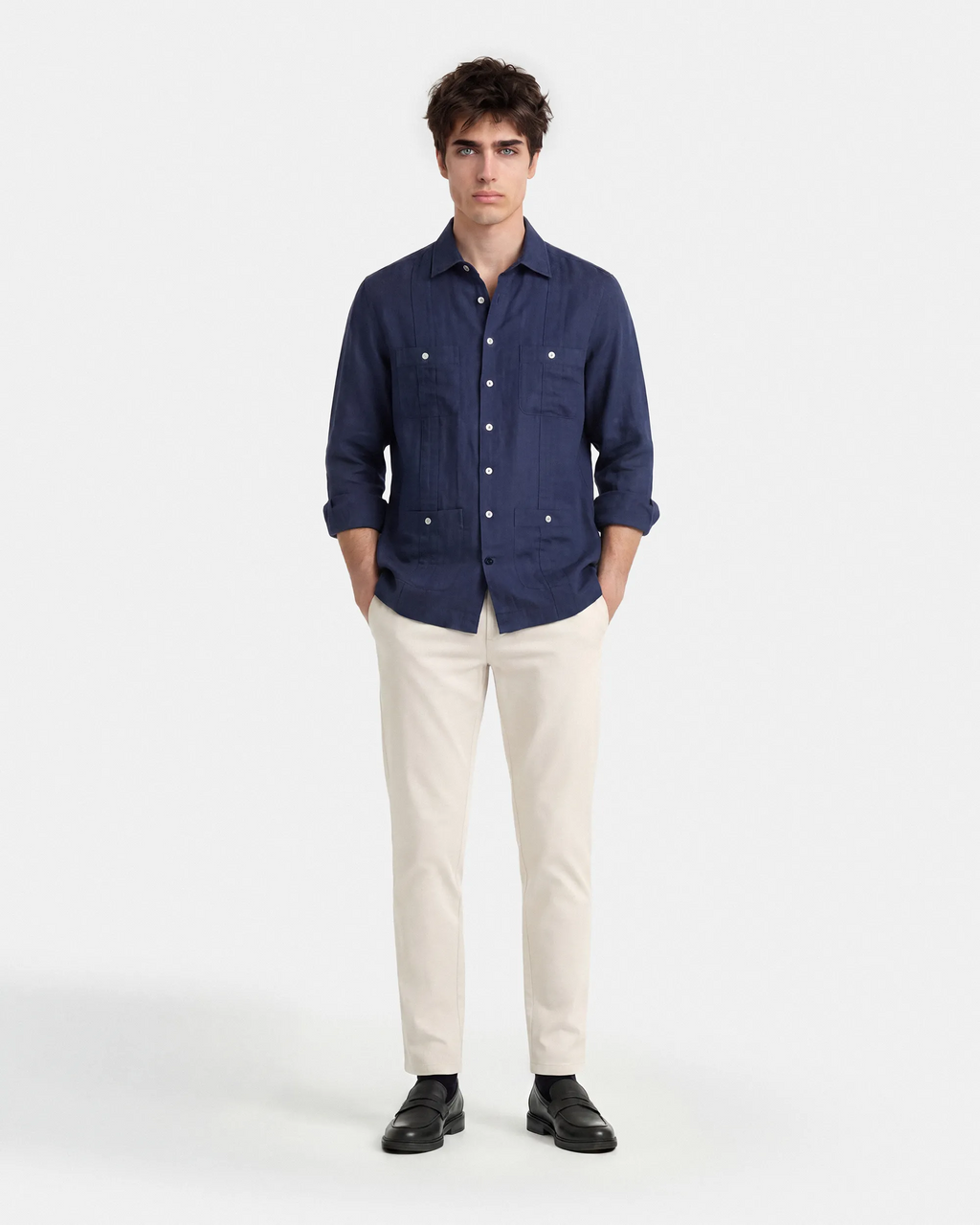 CAMISA CUBANA LINO HOMBRE AZUL MARINO