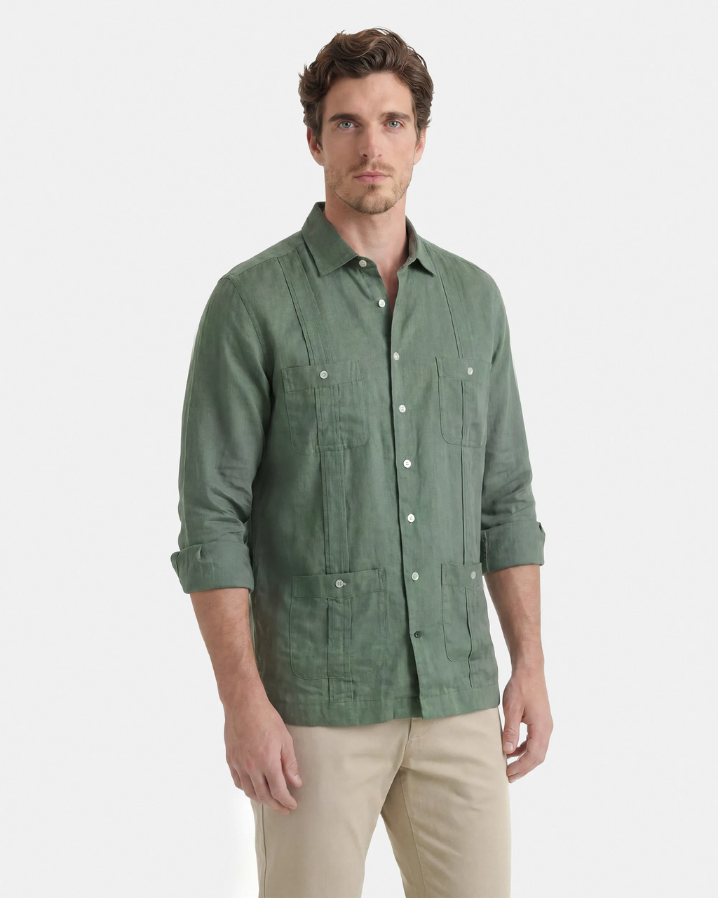 CAMISA CUBANA LINO HOMBRE VERDE KAKI