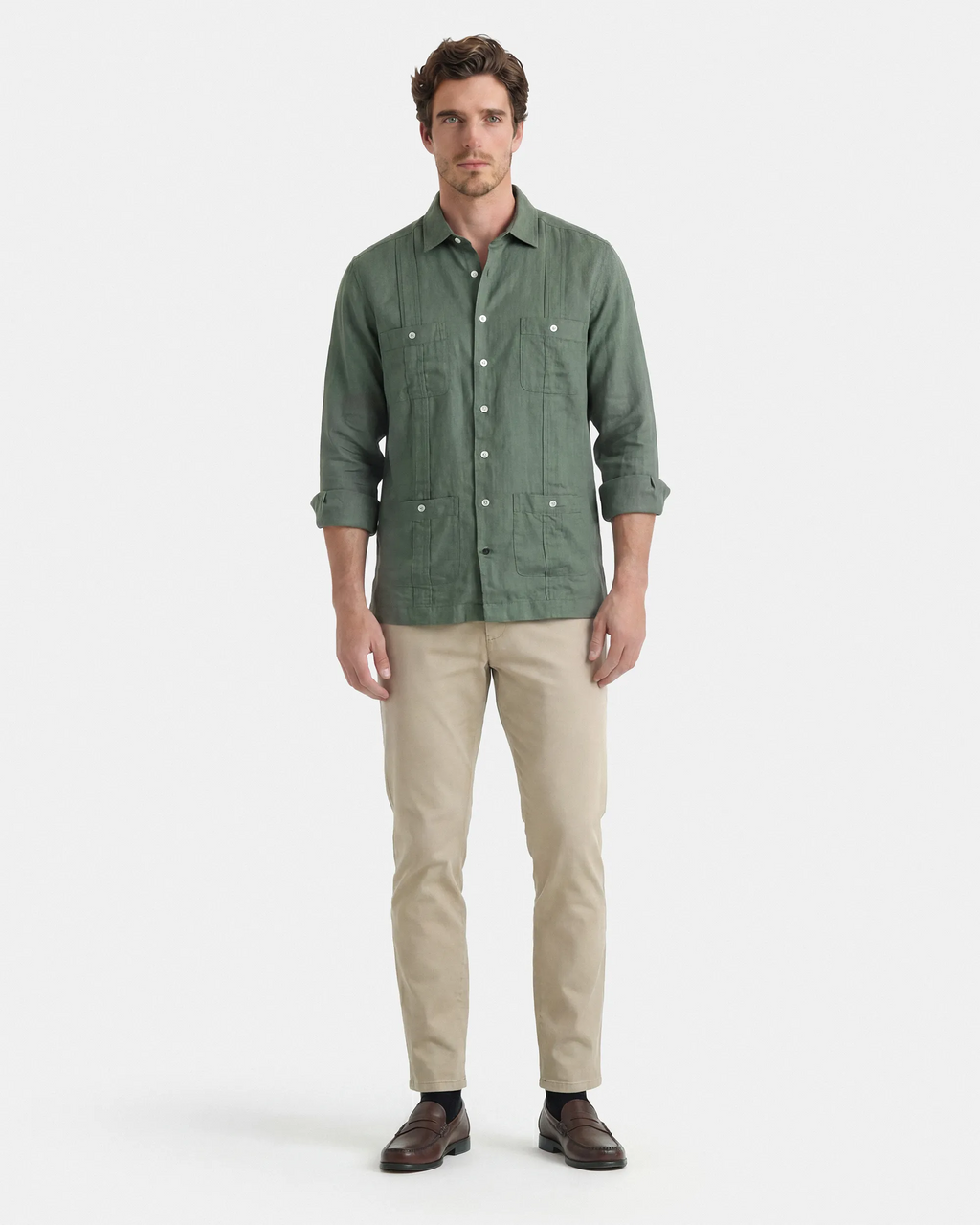 CAMISA CUBANA LINO HOMBRE VERDE KAKI