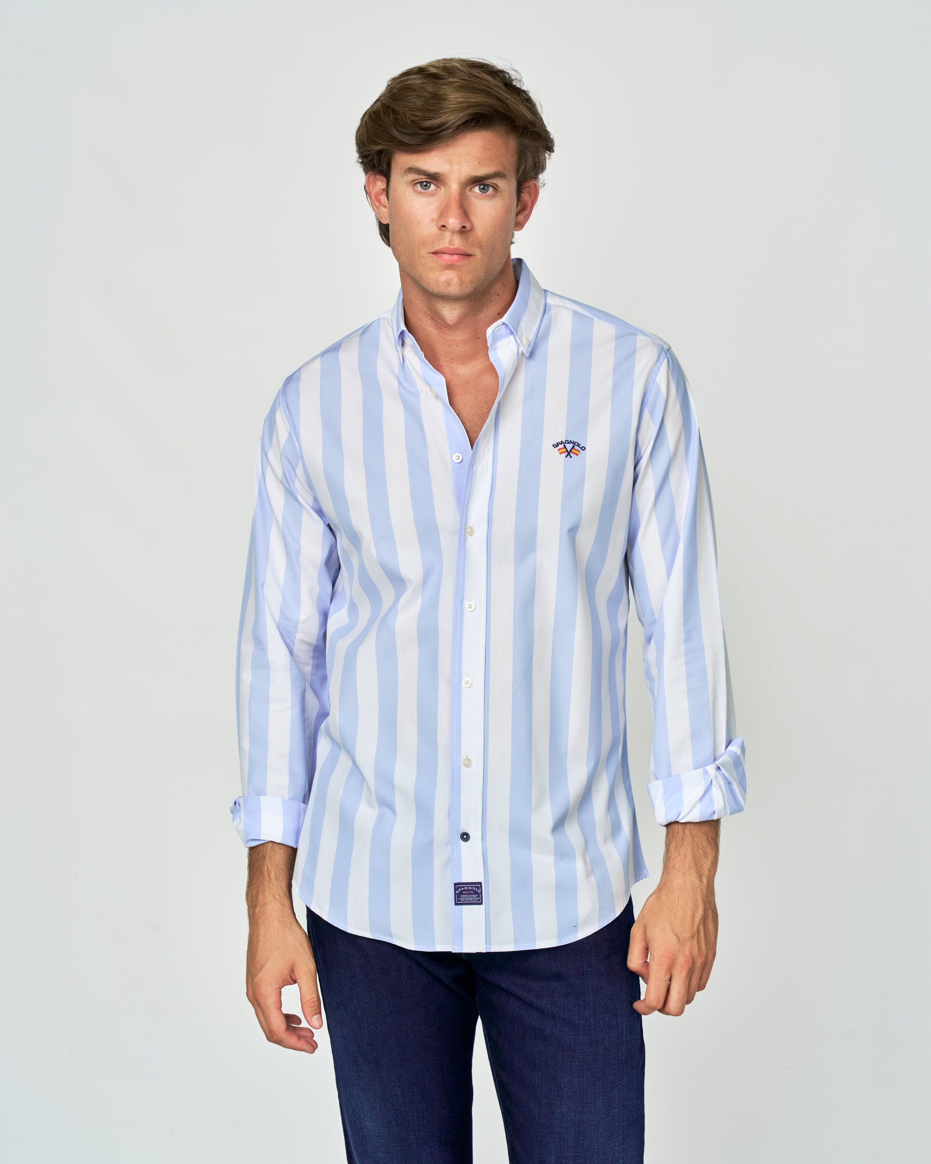 CAMISA POPELIN RAYAS HOMBRE BLANCO y CELESTE