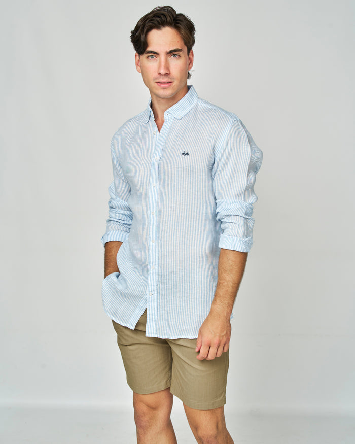 CAMISA LINO RAYAS HOMBRE CELESTE
