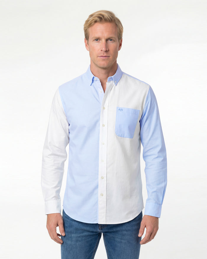 CAMISA OXFORD COMBI LISTAS HOMBRE BLANCO y CELESTE