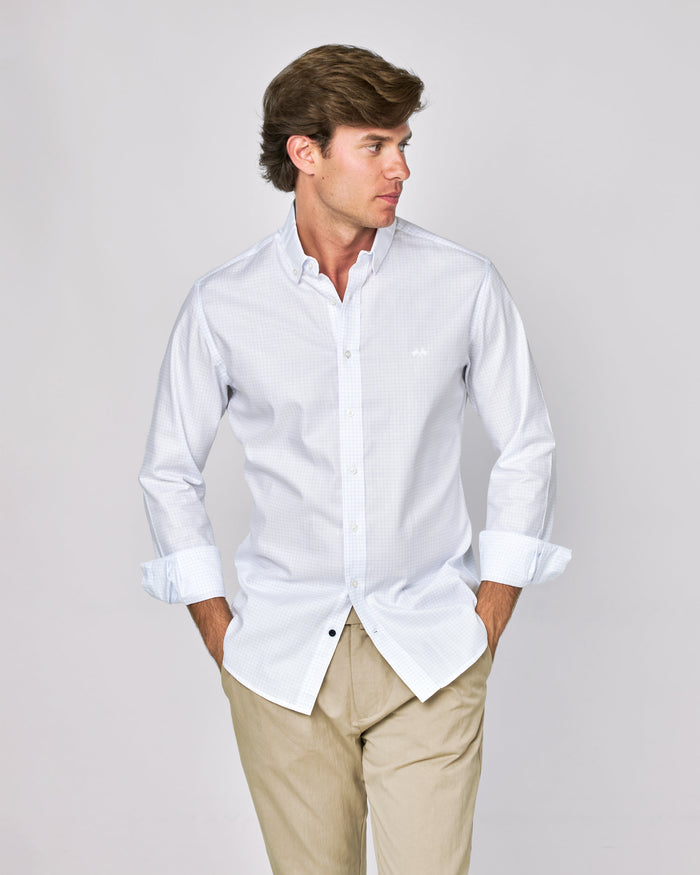 CAMISA POPELIN CUADROS HOMBRE BLANCO y CELESTE