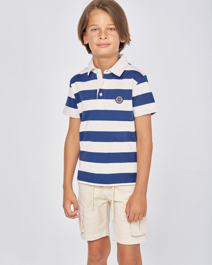 POLO PUNTO RAYAS NIÑO BEIGE y AZULINA