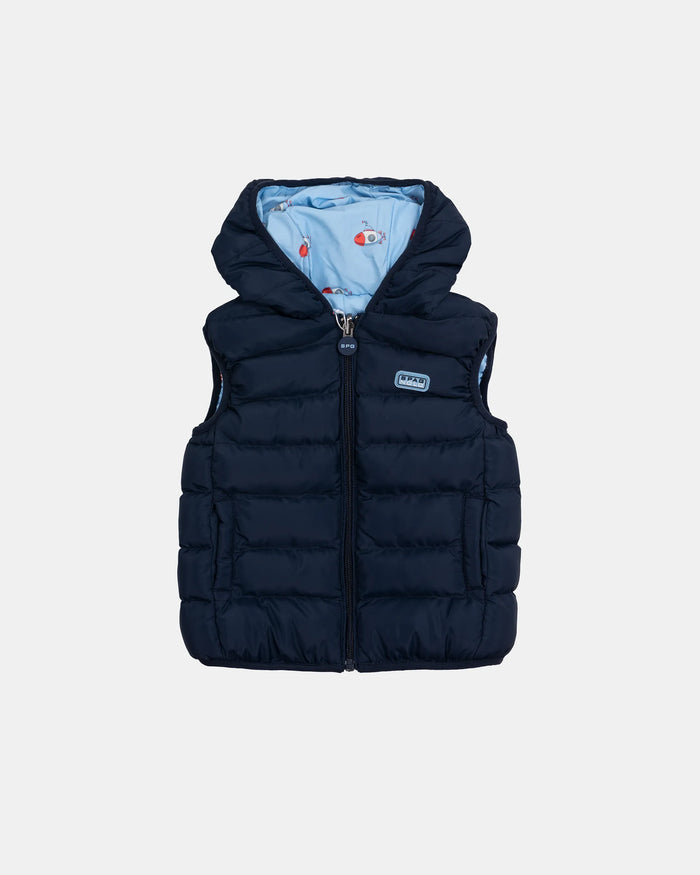 CHALECO REVERSIBLE LISO ESTAMPADO BEBÉ NIÑO AZUL MARINO Y CELESTE