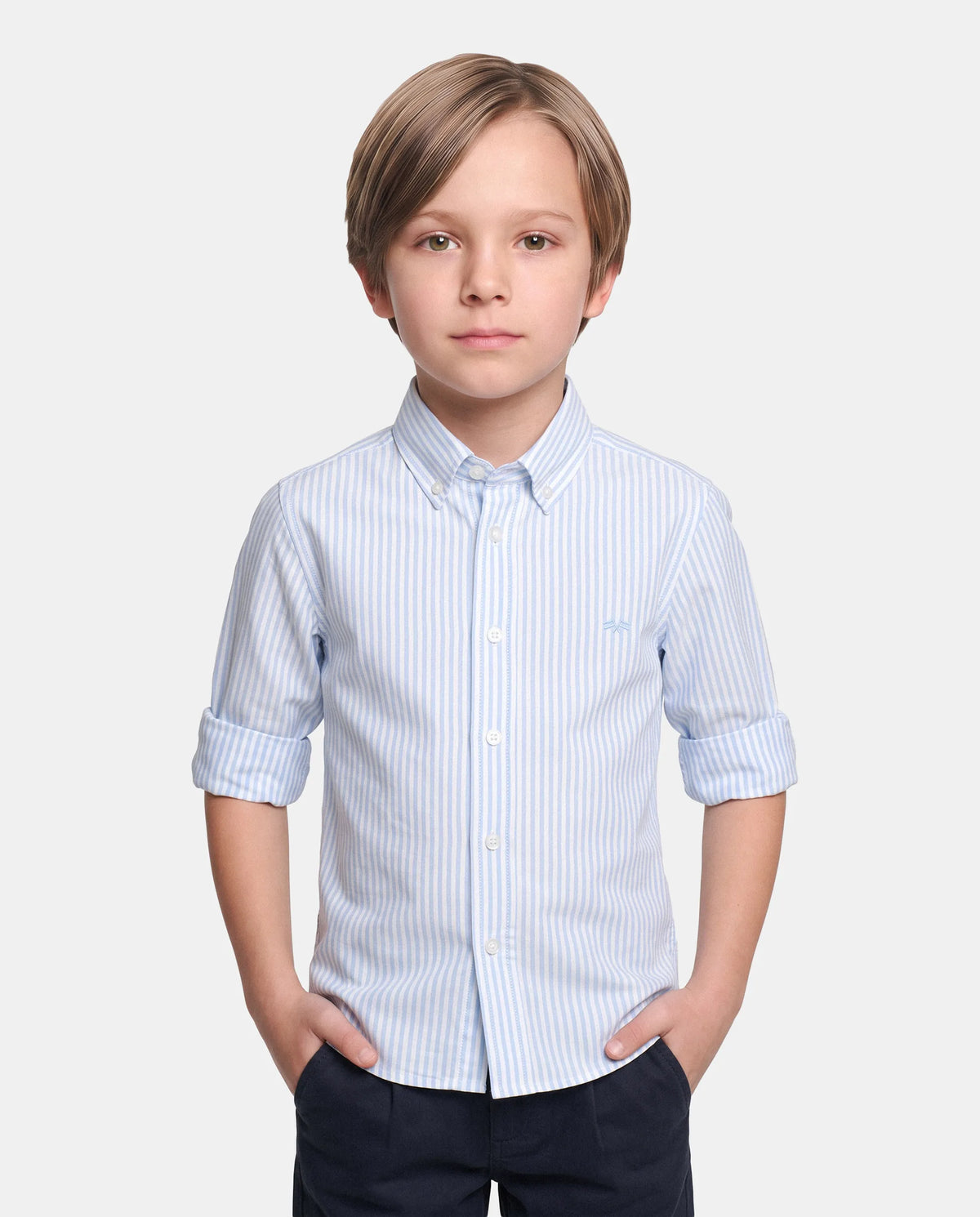 CAMISA CUELLO BOTON OXFORD LISTAS NIÑO BLANCO y CELESTE