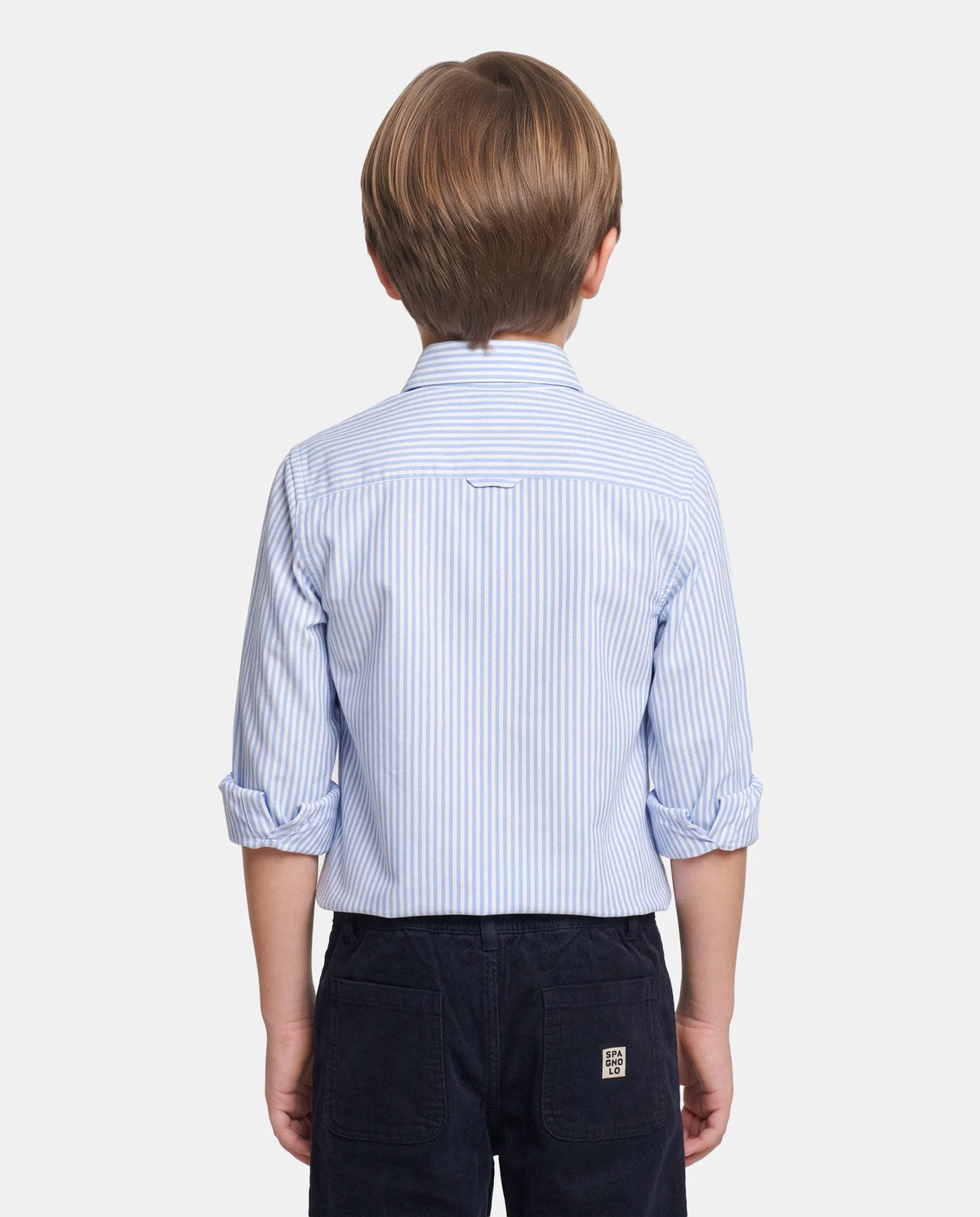 CAMISA CUELLO BOTON OXFORD LISTAS NIÑO BLANCO y CELESTE