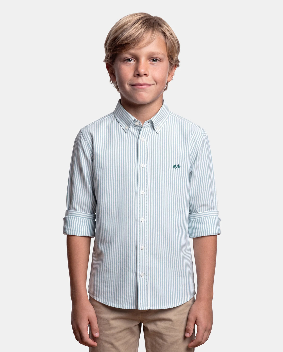 CAMISA OXFORD LISTAS NIÑO BLANCO y VERDE