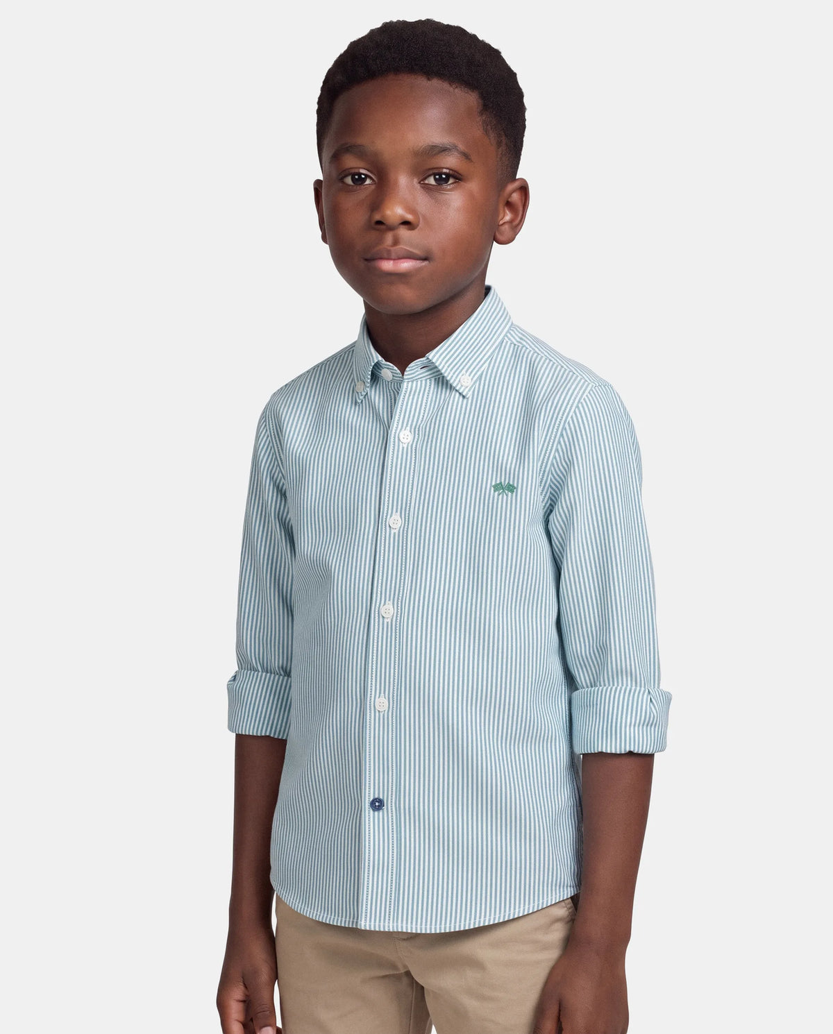 CAMISA C/BOTON OXFORD LISTAS NIÑO BLANCO Y VERDE